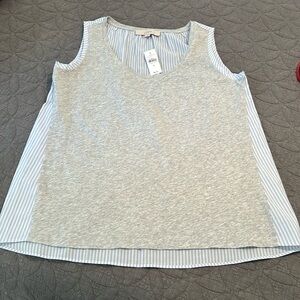 LOFT GRAY FRONT STRIPED BACK MIXED MEDIA SWING TANK TOP BLOUSE SIZE M NWT